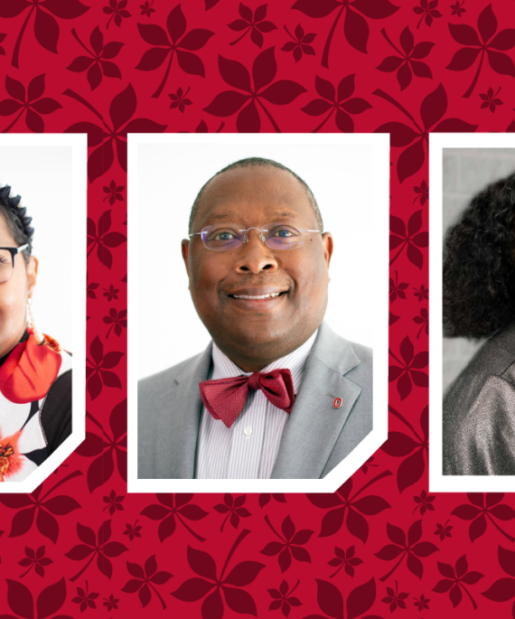 headshots of Ohio State's Donna Ford, James Moore, and Lori Patton Davis on a buckeye leaf background