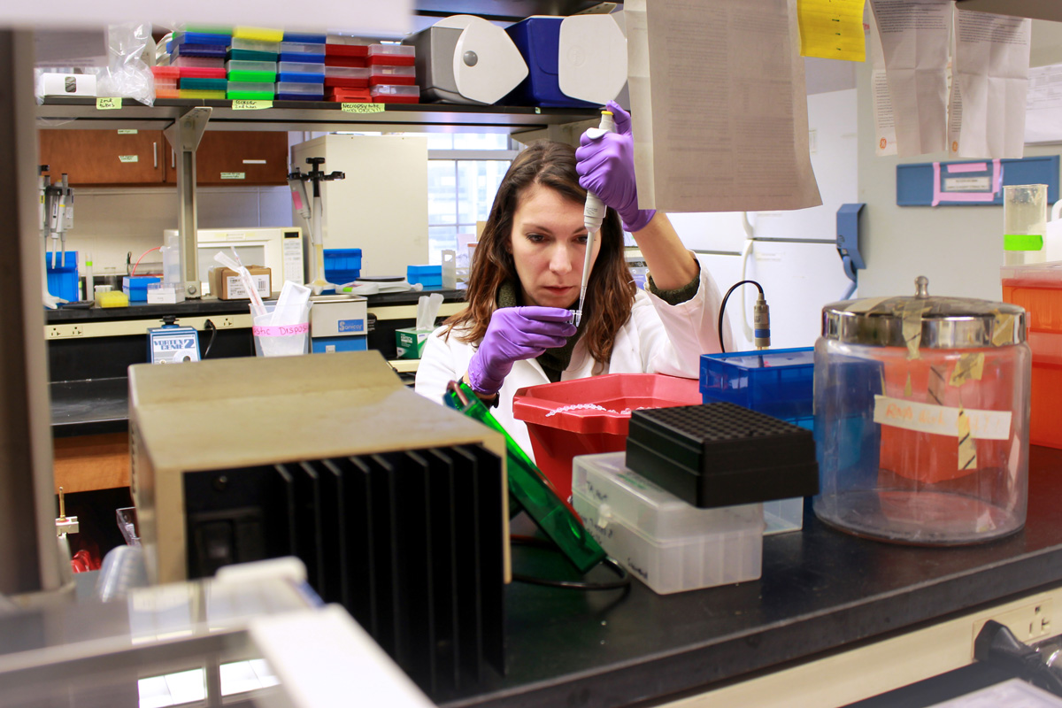 Woman uses lab equipment to conduct nutrition experiment in Ohio State laboratory