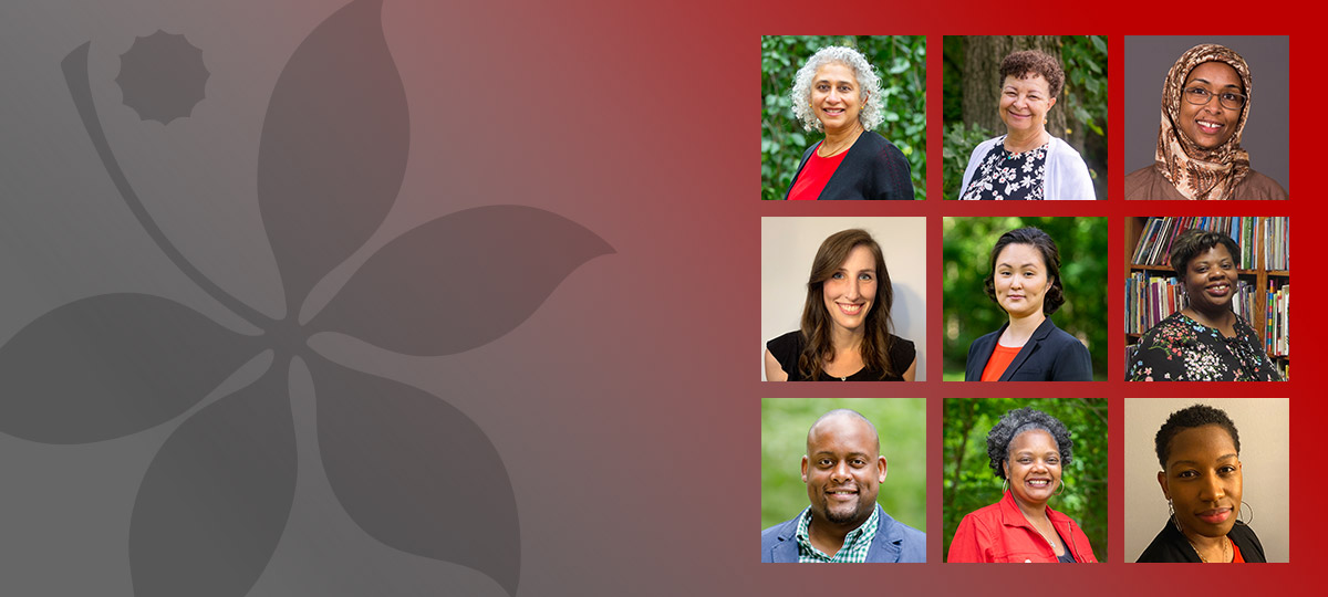Buckeye leaf and shell frame left side of graphic while images of nine new faculty on the right