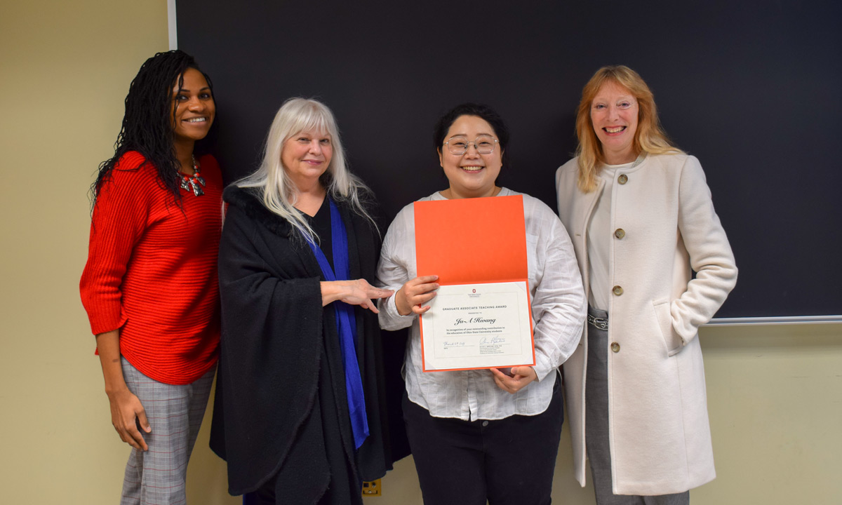 Ju-A Hwang is presented with Ohio State's highest award for graduate teaching associates.