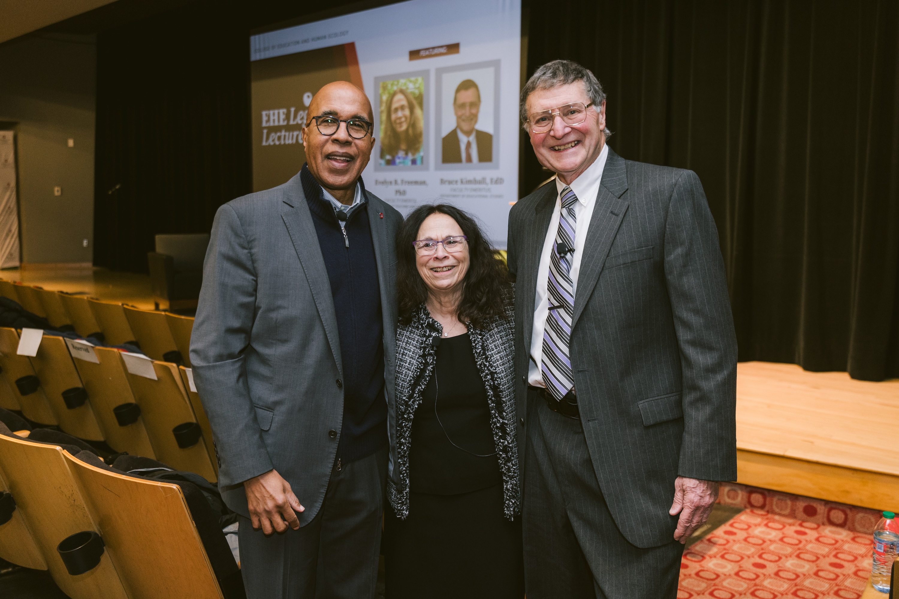 Faculty emeriti Evelyn Freeman, center, and Bruce Kimball, right Dean Don Pope-Davis