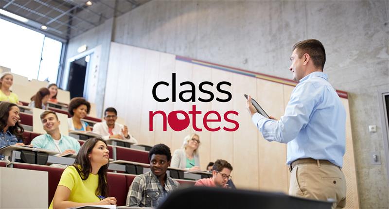 College professor in a classroom with the Class Notes logo