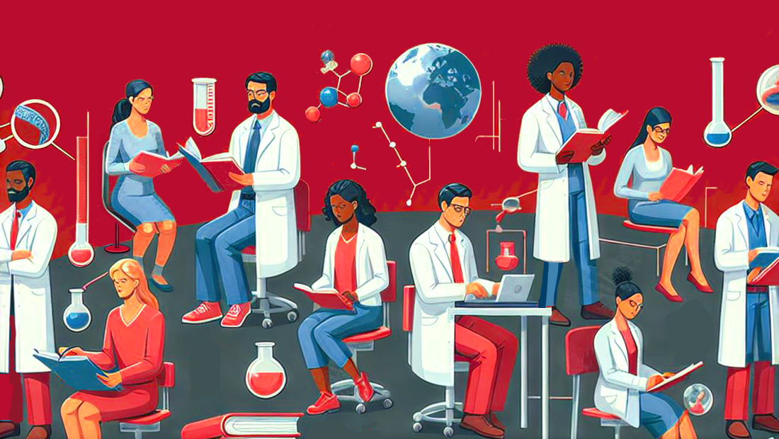 Illustration of scientists against a scarlet background