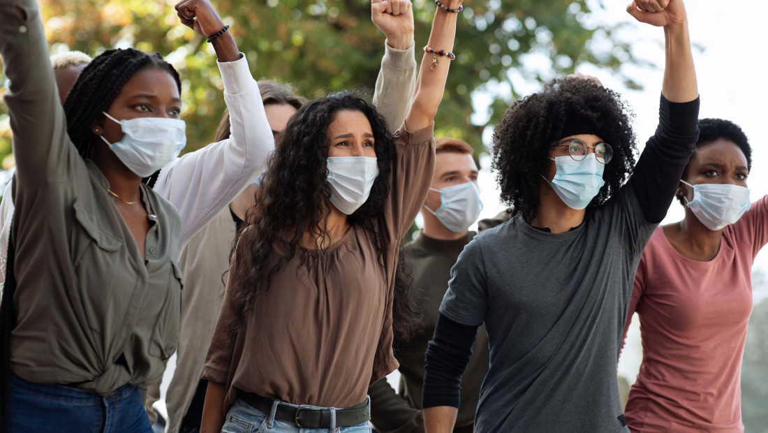 Students in masks at a protest