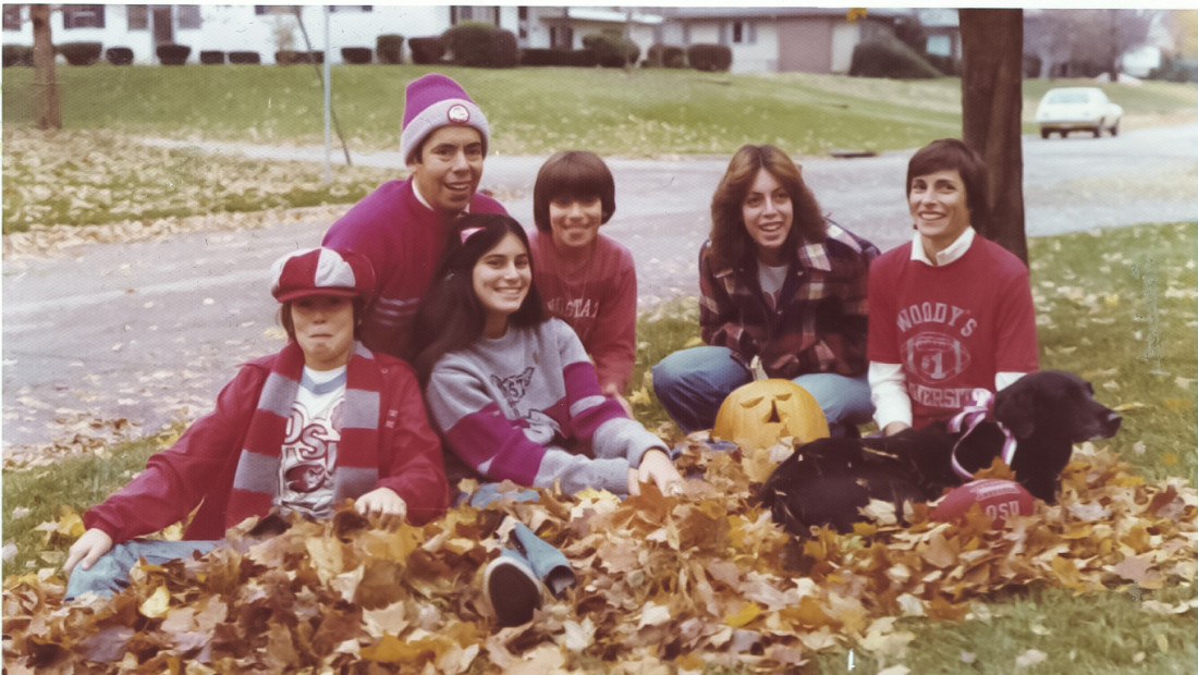 Weiler family in Ohio State gear in Fall leaves
