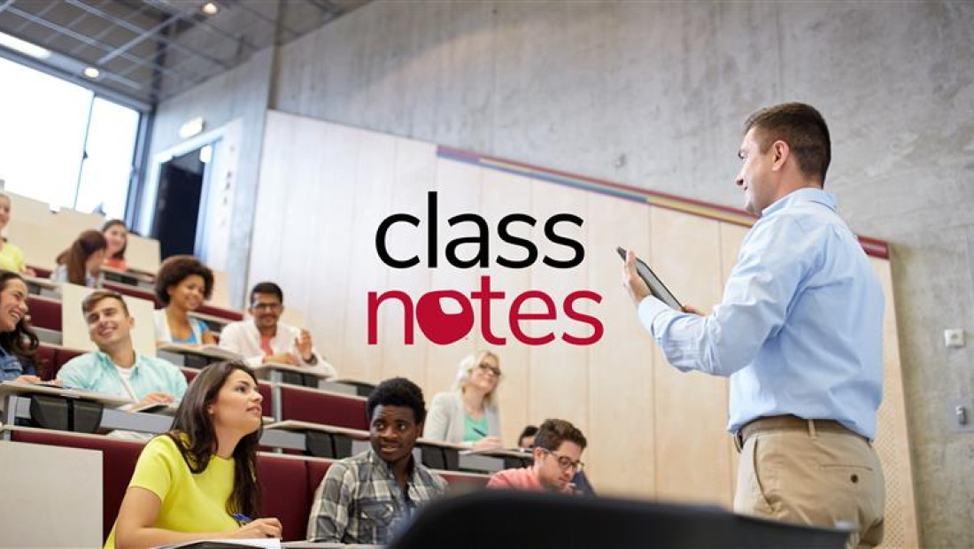 College professor in a classroom with the Class Notes logo