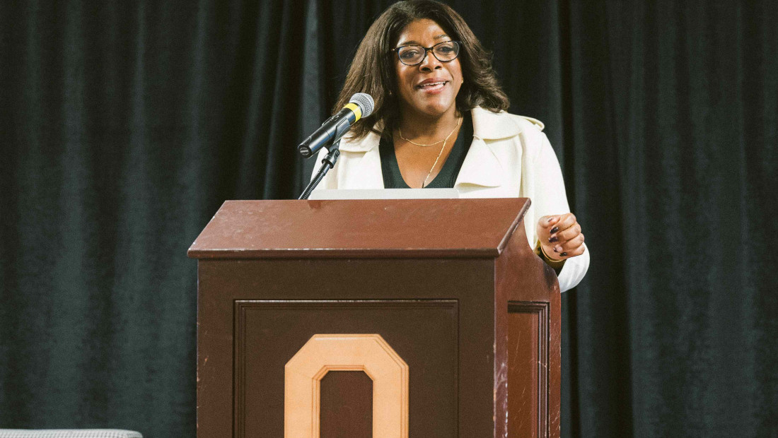 Detra Price-Dennis speaking at the Ohio State podium