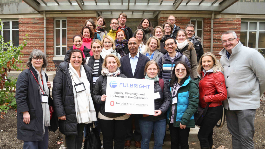 Fulbright scholars pose with the Dean of Ohio State's College of Education and Human Ecology