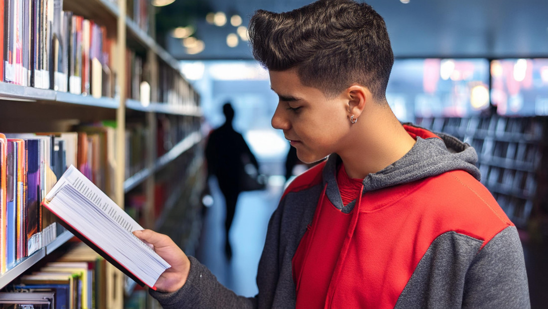 Latino student reading a book in a library