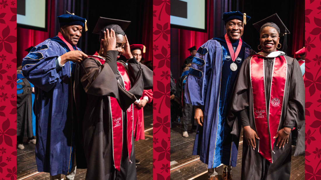 Stephen John Quaye and Ohio State student at graduation ceremony on stage