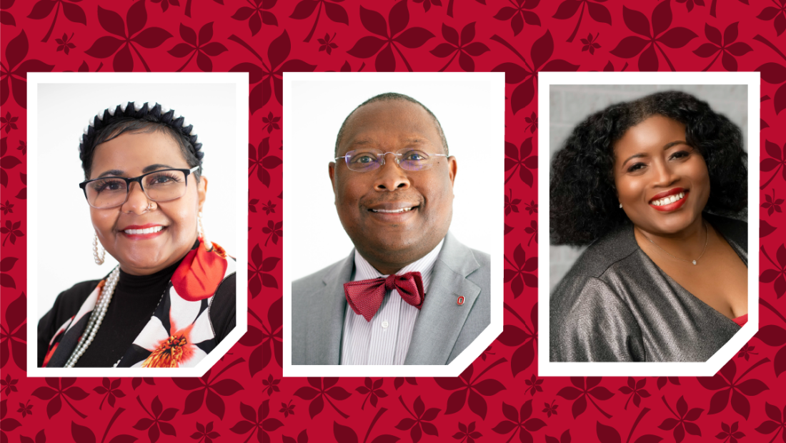 headshots of Donna Ford, James Moore, and Lori Patton Davis on a buckeye leaf background