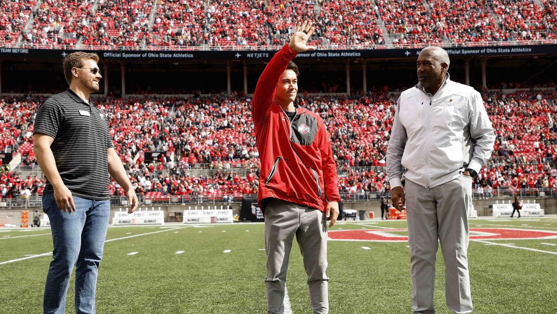 Sean Melton on the Ohio State football field during the induction into the athletics hall of fame