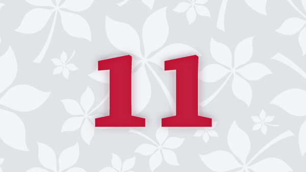 11 in scarlet on a grey buckeye leaf background