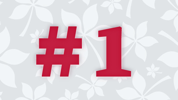 The number 1 in scarlet numbers with a buckeye leaf patterned background