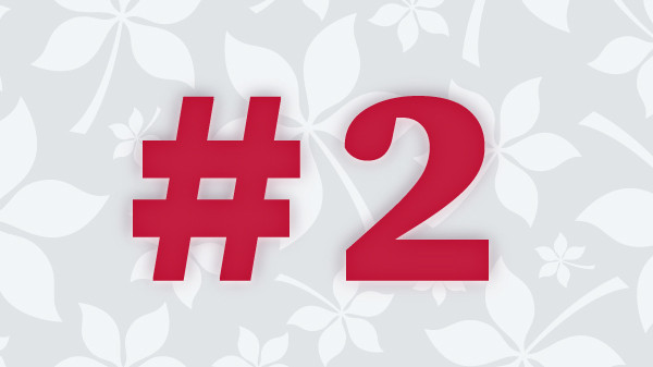 The number 2 in scarlet numbers with a buckeye leaf patterned background