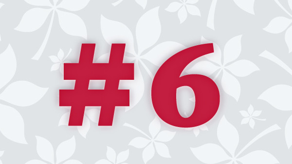 The number 6 in scarlet numbers with a buckeye leaf patterned background