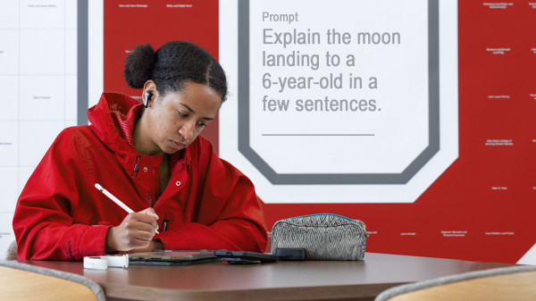 Ohio State student sitting at a desk in front of a large block "O" sign