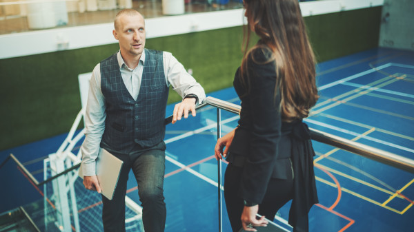 business people talking in recreation area