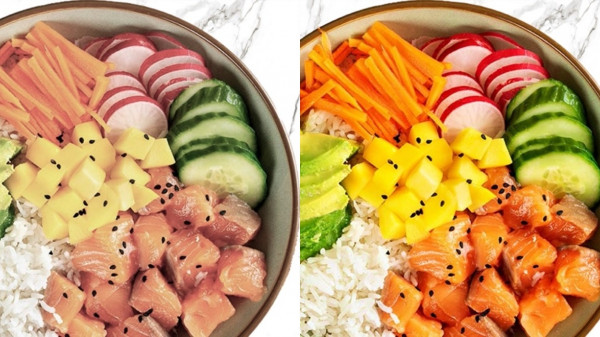 side by side shots of a poke bowl with one having color enhancement