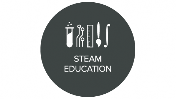 STEAM education icon with beaker, nodes, ruler, paint brush and music note