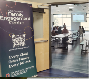 Banner outside a classroom for Family Engagement Center event.