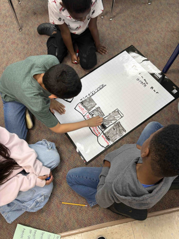 school kids seated working on a whiteboard 