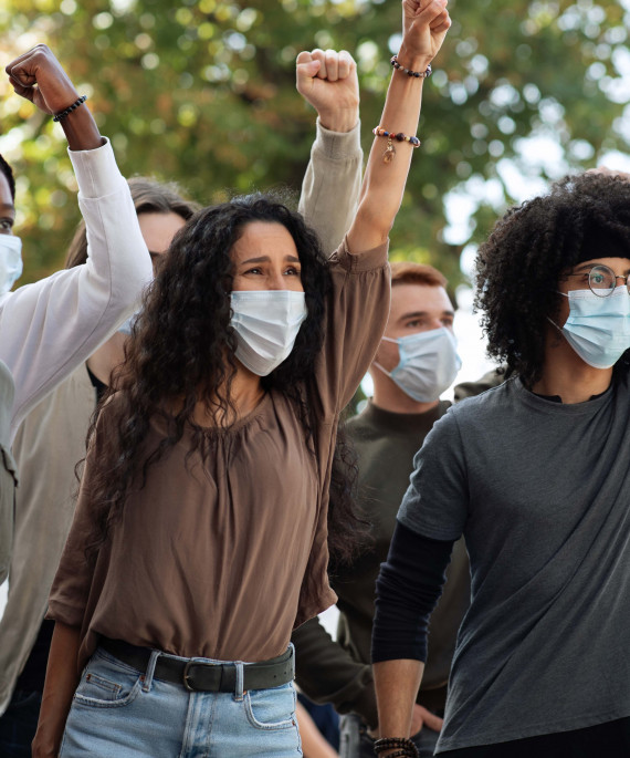Students in masks at a protest