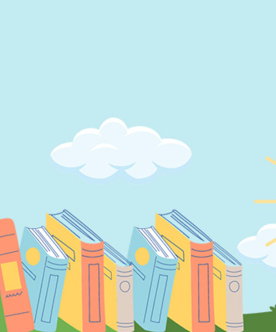 illustration of bookworm on stack of books with smiling sun
