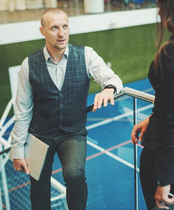 business people talking in recreation area