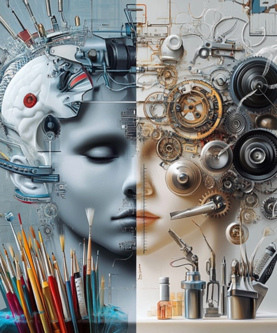 AI generated image of a human face, half with art supplies and half with mechanical tools in front of them