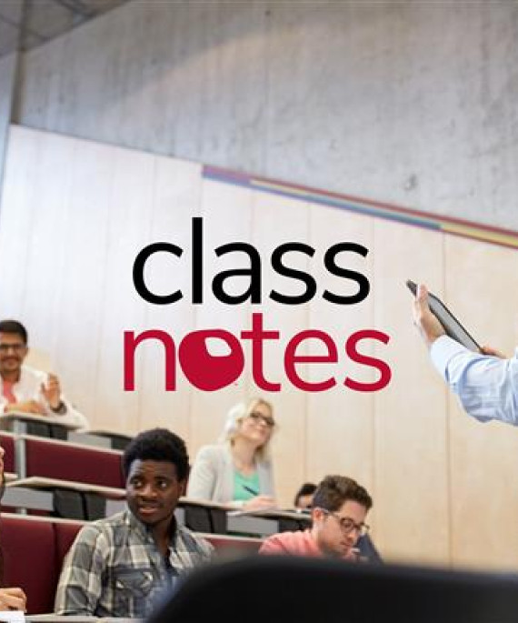 College professor in a classroom with the Class Notes logo