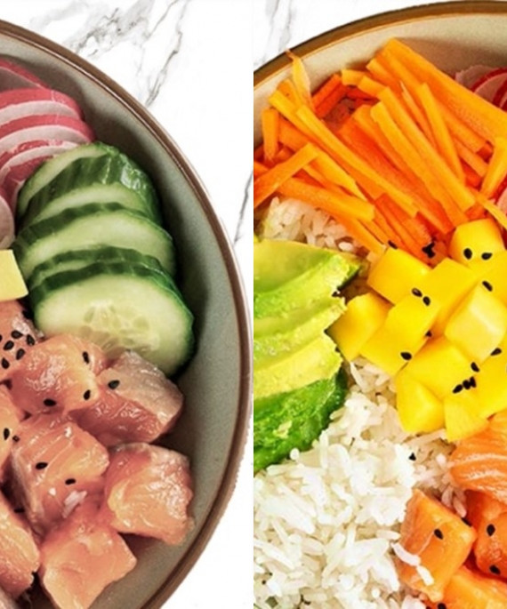side by side shots of a poke bowl with one having color enhancement