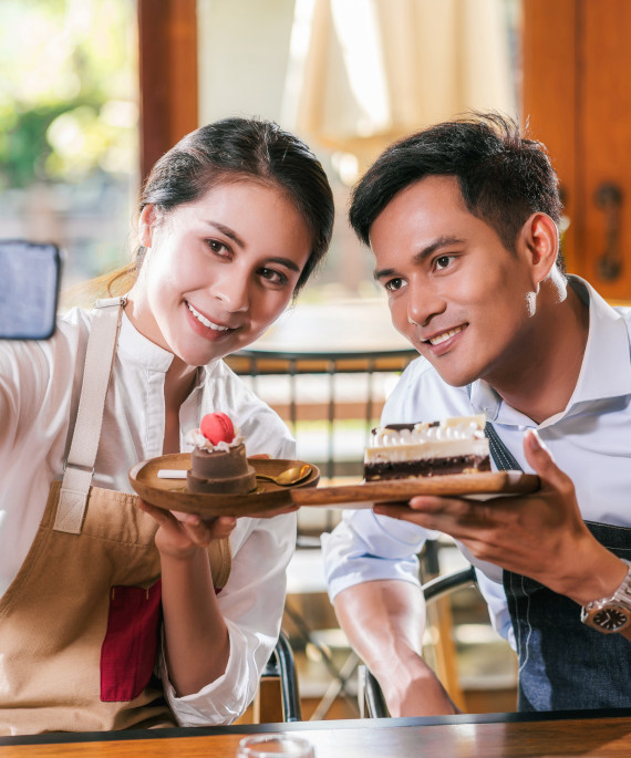 couple asian two partner of small business owner taking selfie