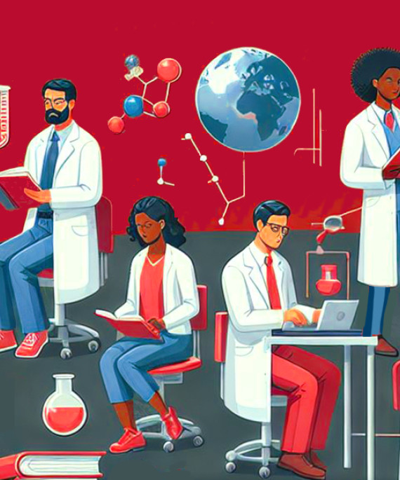 Illustration of scientists against a scarlet background