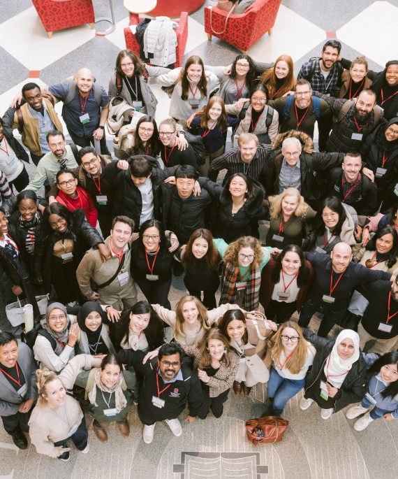 Students, staff and faculty who participated in the annual EHE Research Forum gathered for a group photo in the Ohio Union