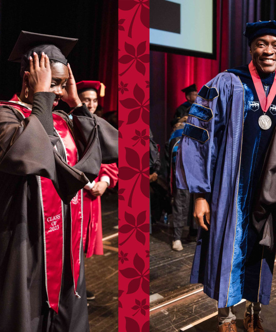 Stephen John Quaye and Ohio State student at graduation ceremony on stage