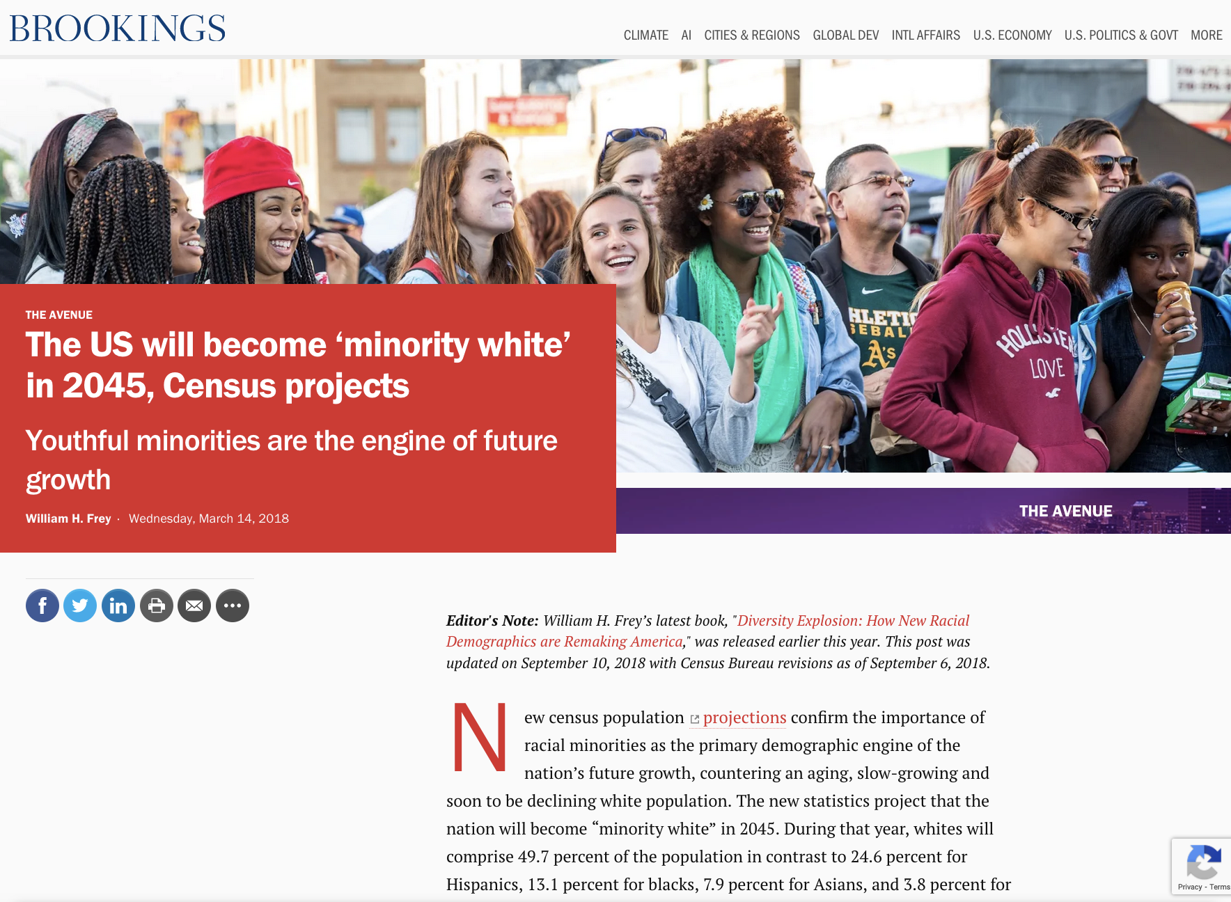 screen shot of Brooks website with article about race in the US