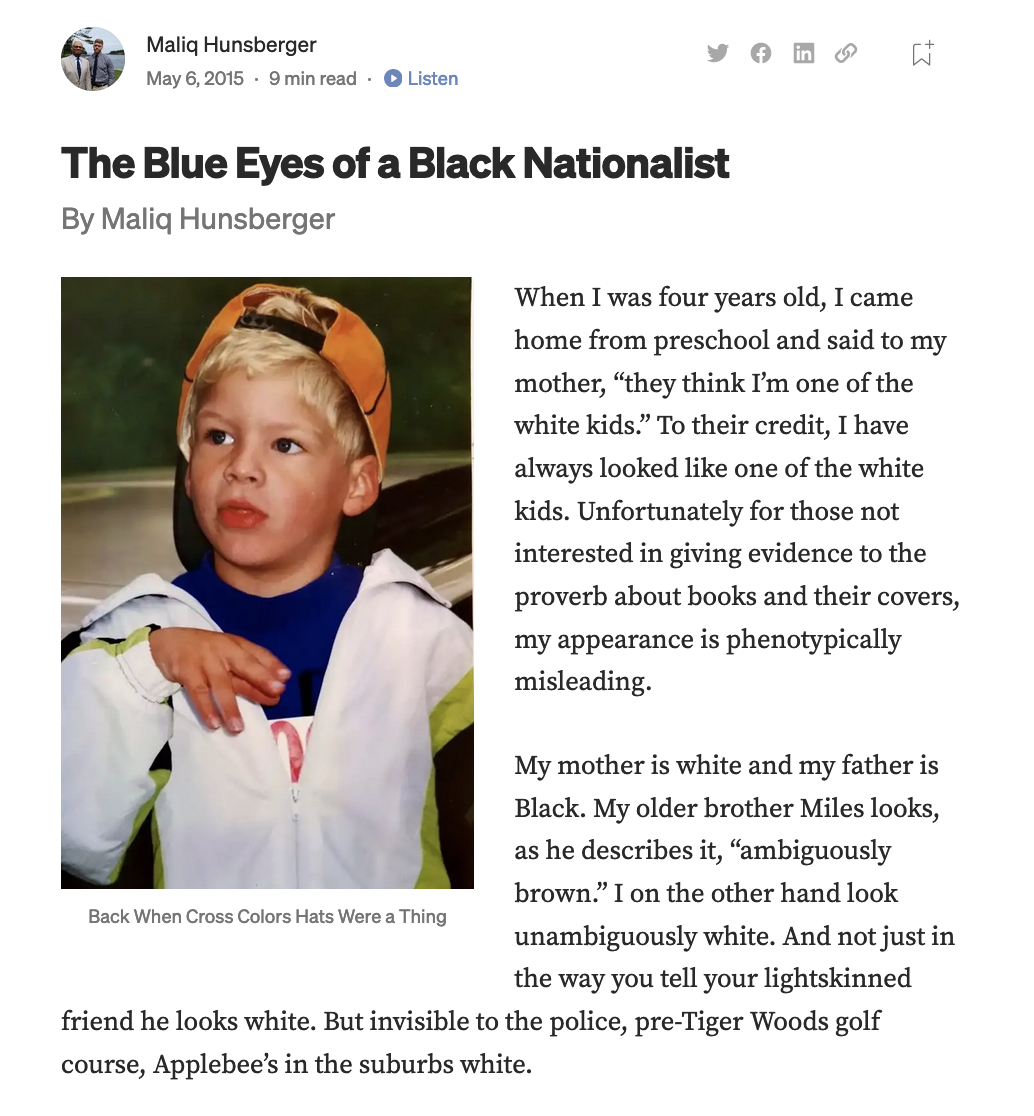 screen shot of an article titled "The Blue Eyes of a Black Nationalist"