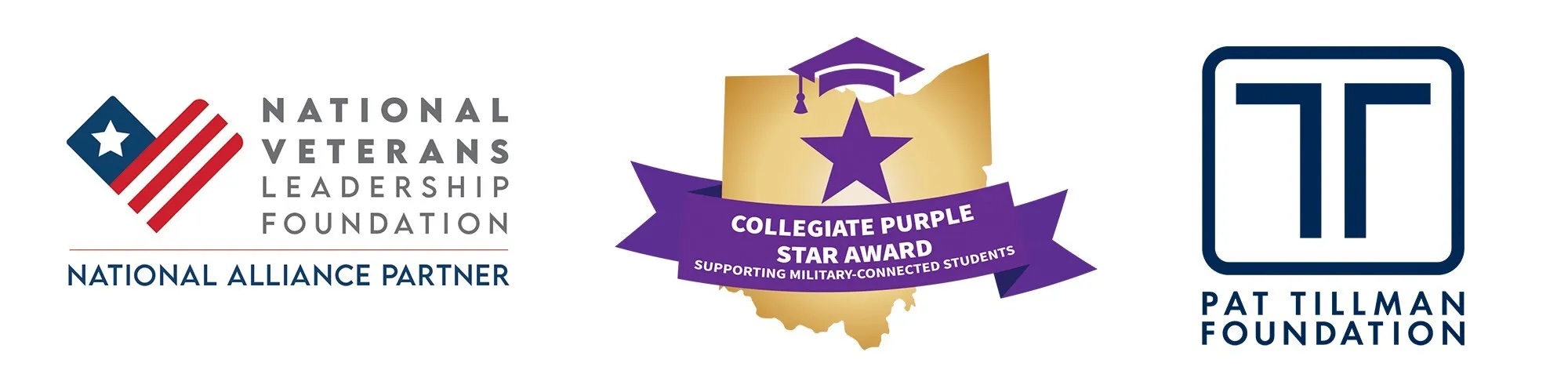 logos for National Veterans Leadership Foundation, Collegiate Purple Star Award, and Pat Tillman Foundation 