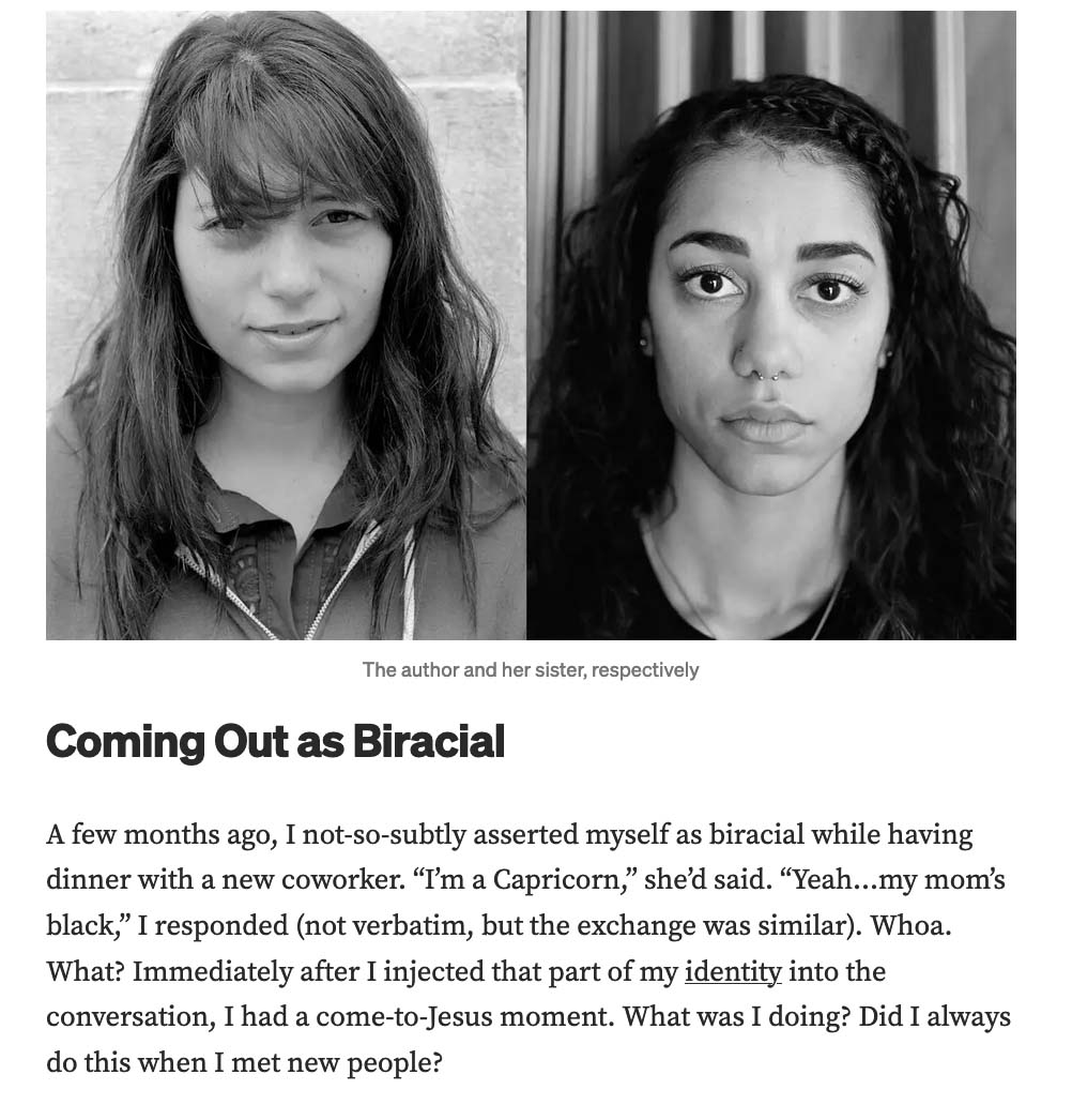 screen shot of an online story titled "Coming Out as Bi-Racial"