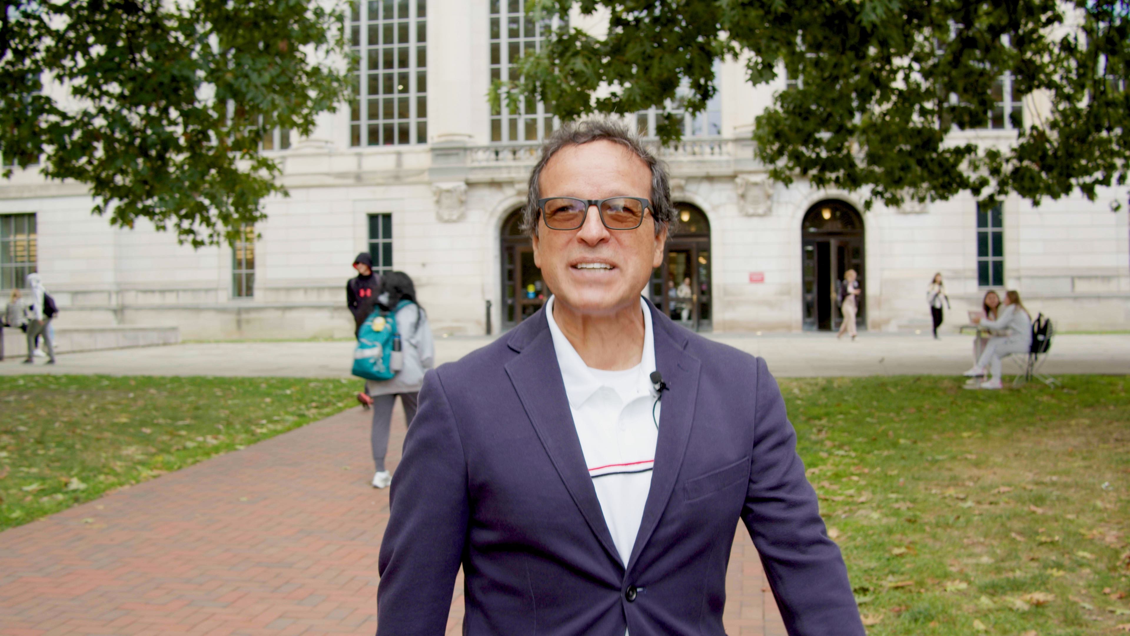 Frank Vizcarra in front of the Ohio State Thompson Library
